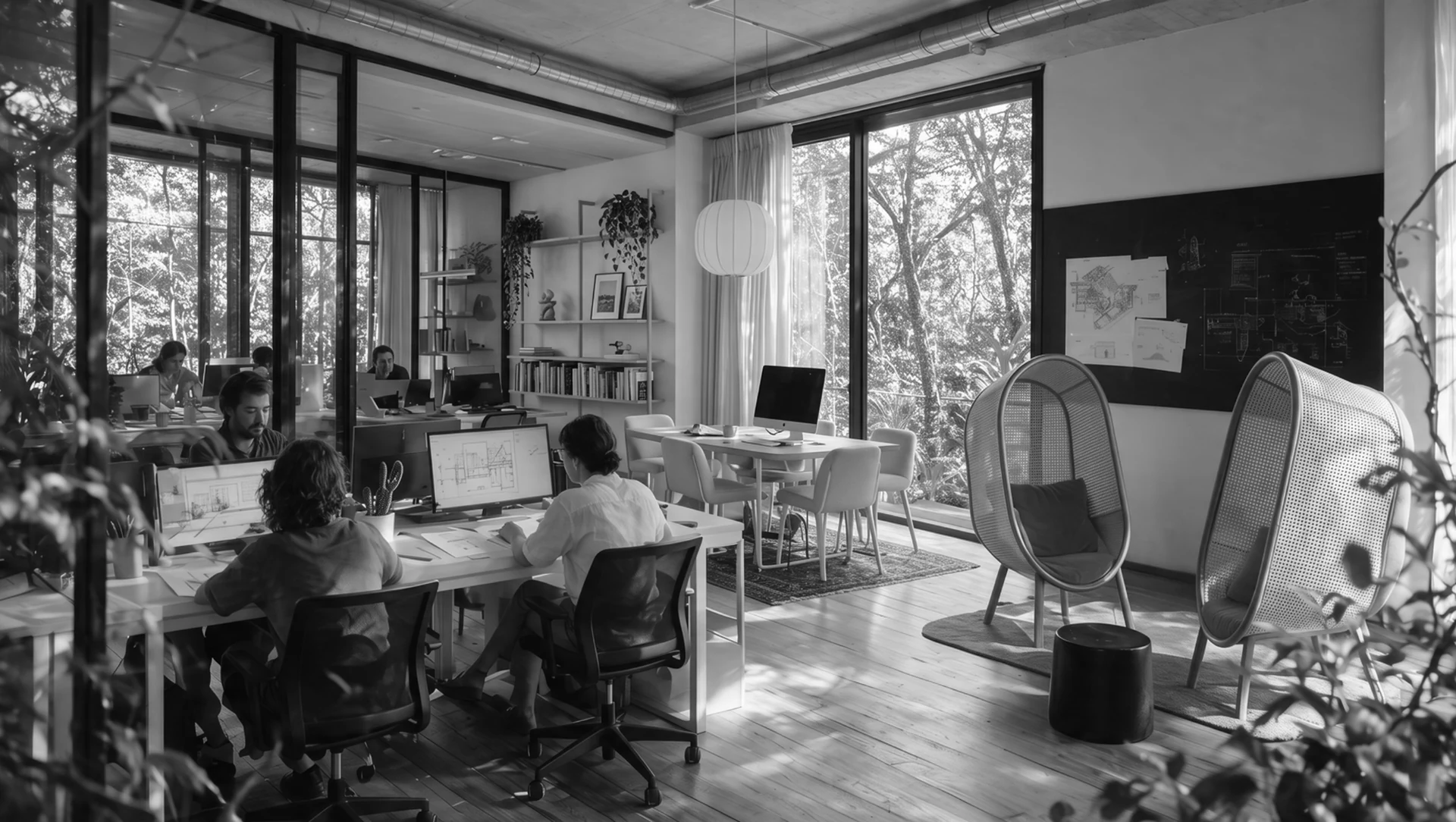Mobiliario, planos y materiales en un estudio creativo lleno de luz