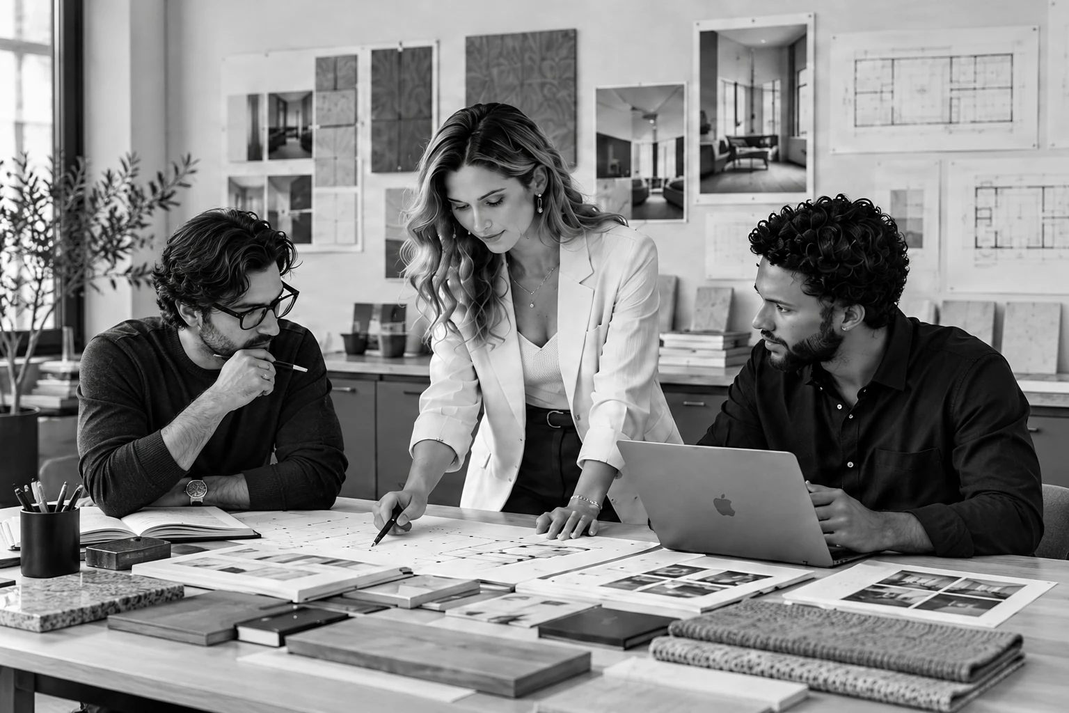 Tres personas revisan planos y muestras de materiales en un estudio