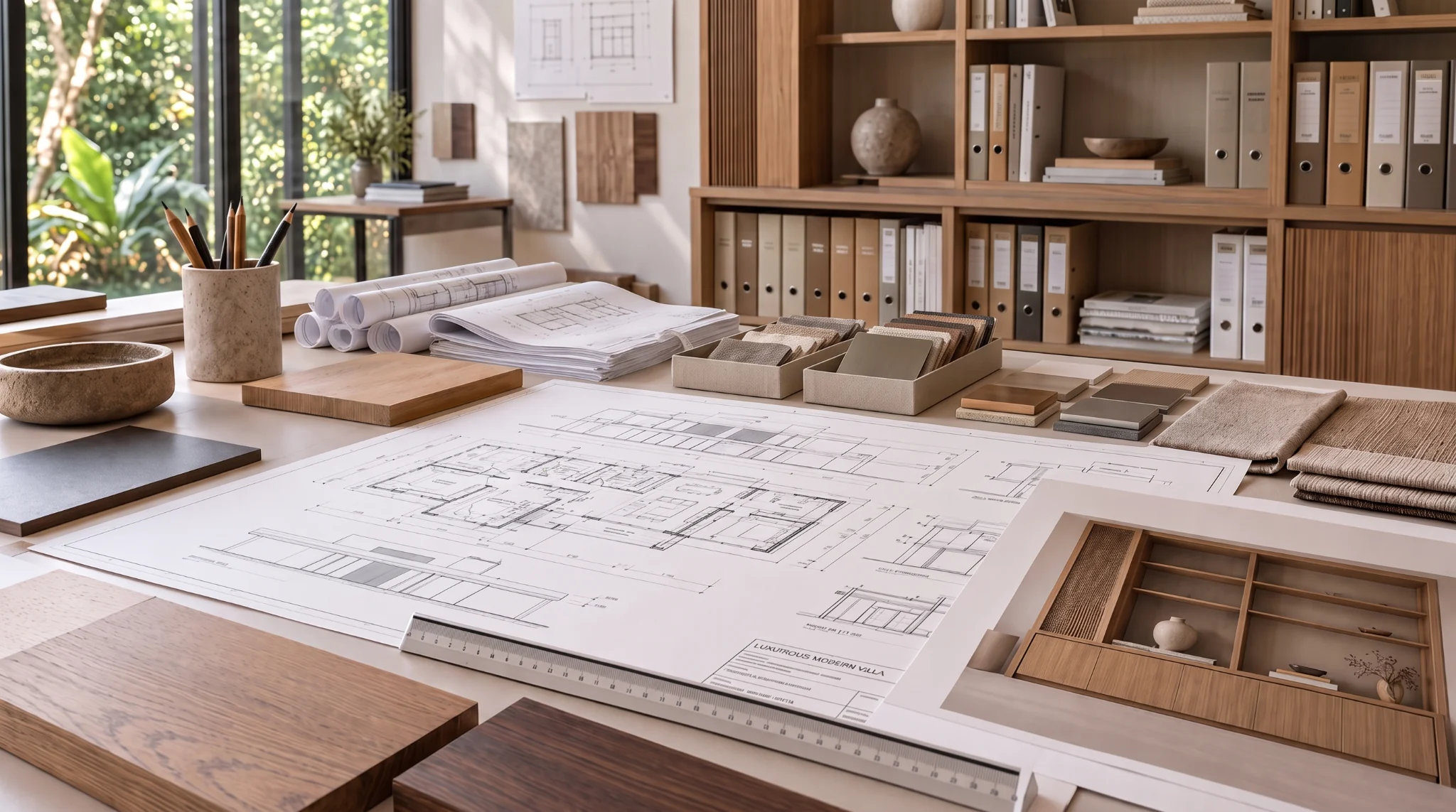 Furniture development drawings and material samples in a design studio