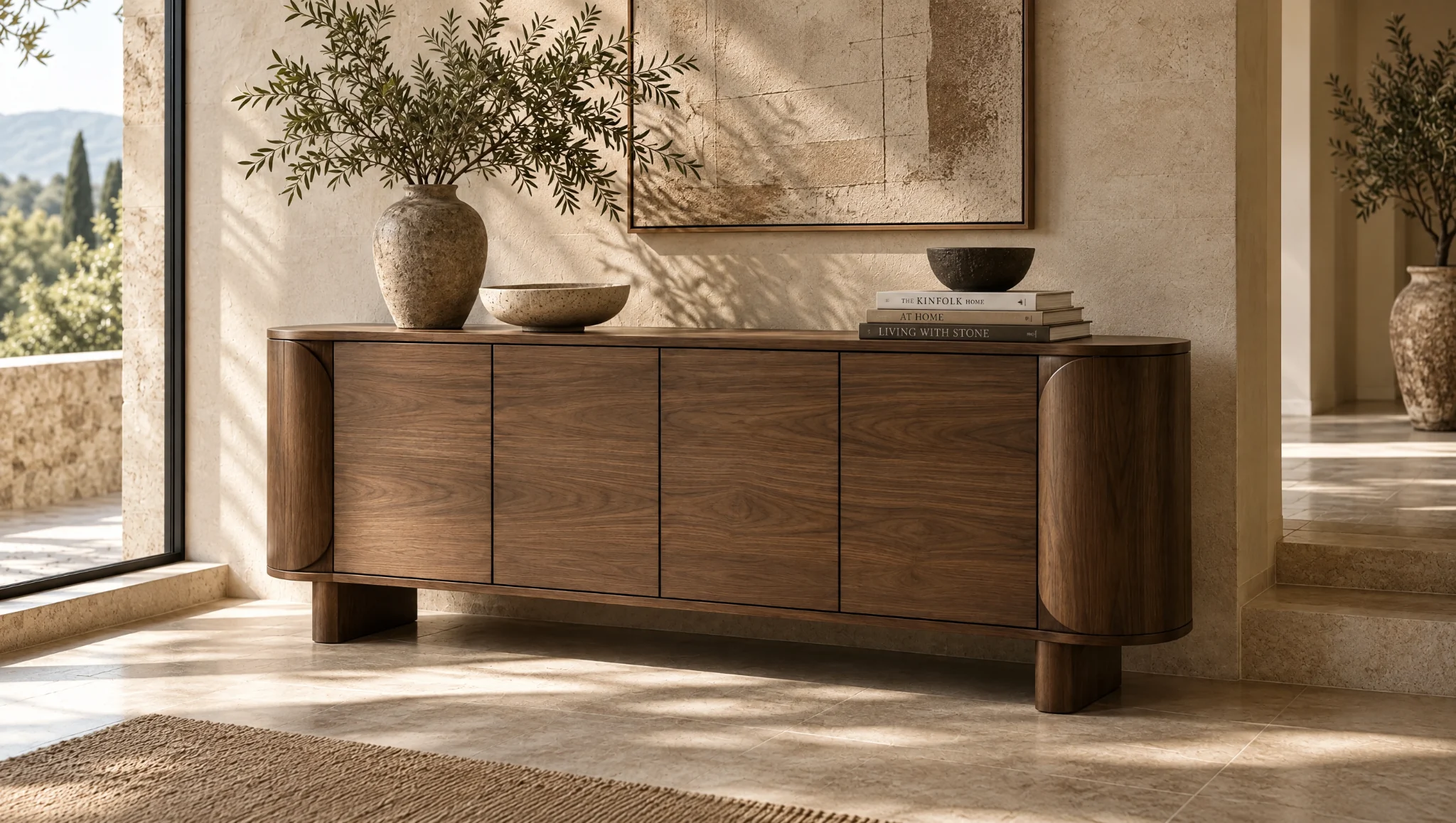Contemporary walnut sideboard in a calm residence