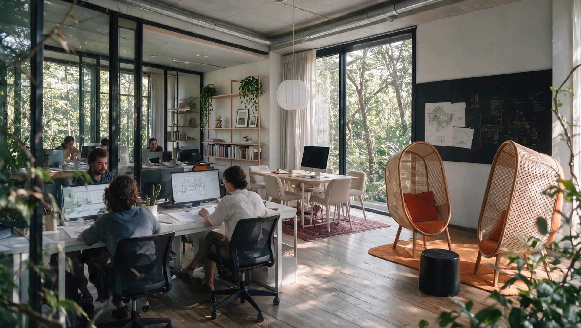Team working on drawings in a light-filled studio