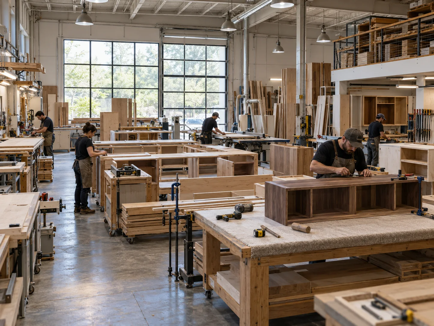 Several furniture makers working together on cabinetry in a bright workshop