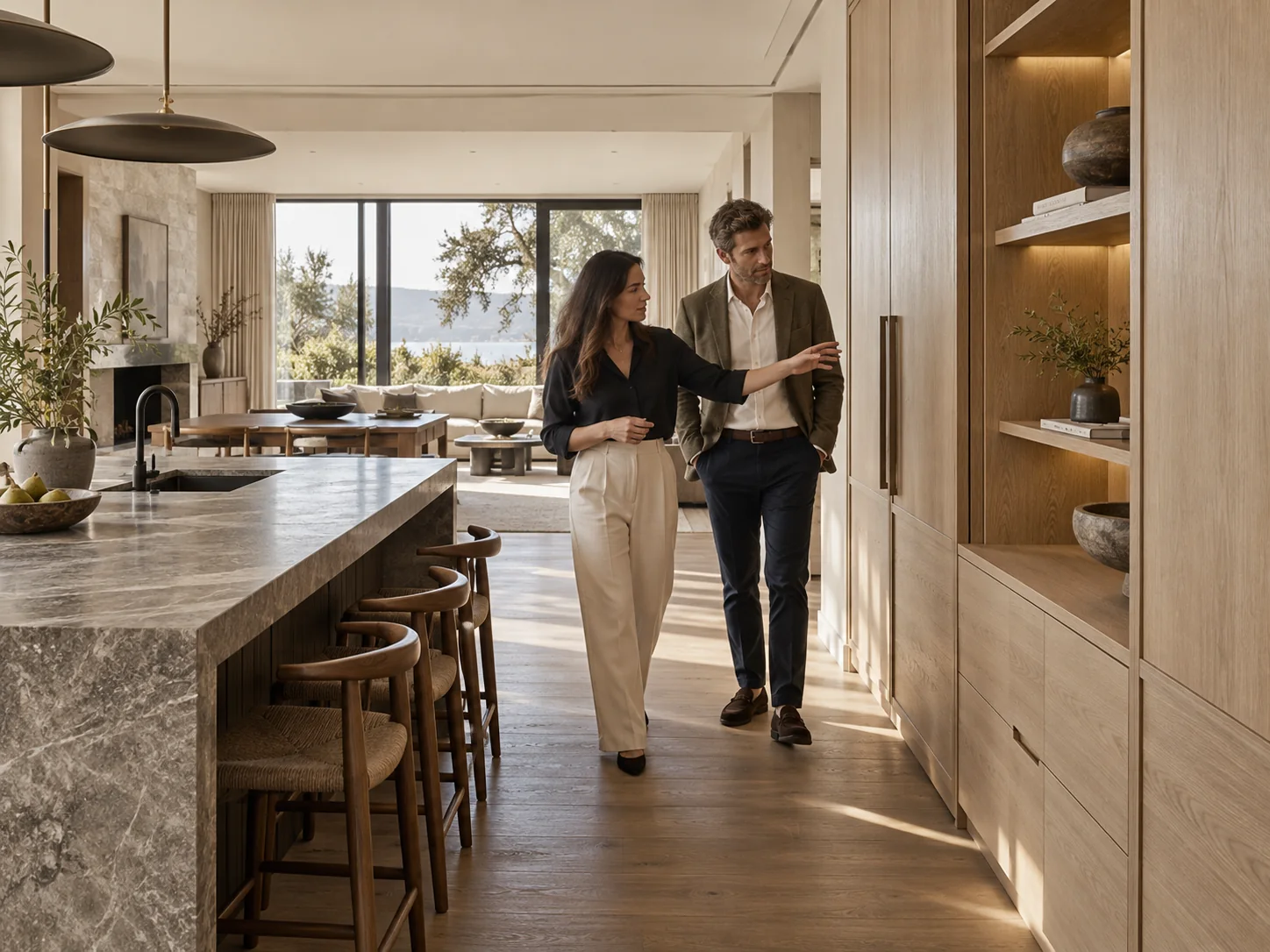 Two design professionals discussing custom cabinetry in a completed interior